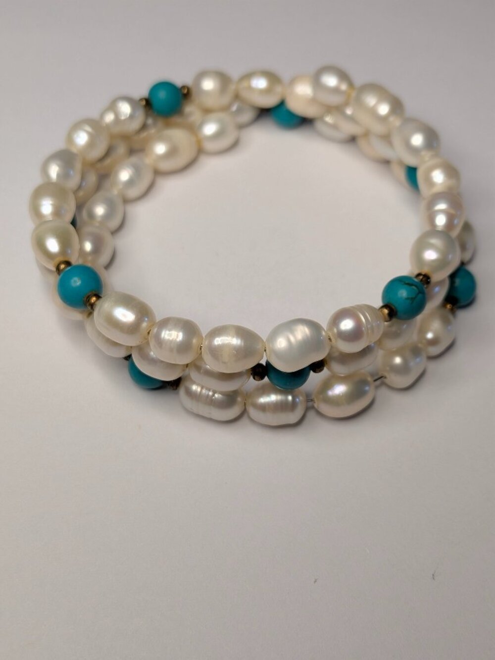 Freshwater Pearl & Turquoise Wrap Bracelet – Triple Coil Memory Wire